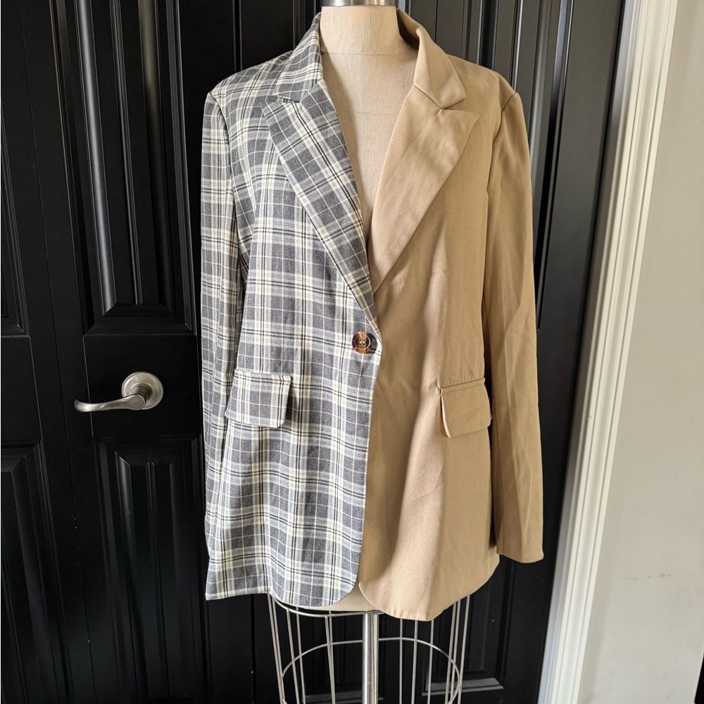 Two-Tone Plaid and Tan Blazer